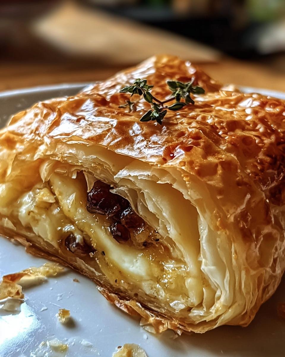 A close-up of a slice of Baked Brie in Puff Pastry, showcasing the flaky crust and melted brie filling.