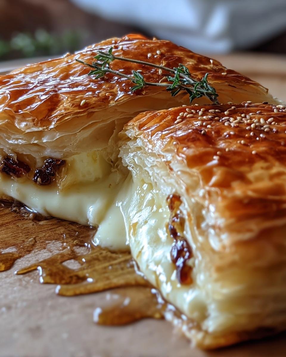 Close-up of a sliced Baked Brie in Puff Pastry with melted cheese, sesame seeds, and a thyme sprig.