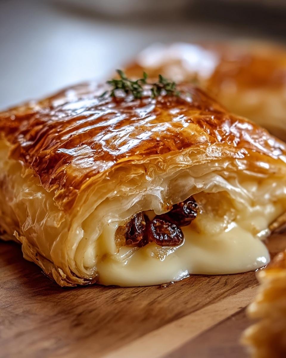 Close-up of a slice of Baked Brie in Puff Pastry, showing melted brie, raisins, and golden crust.