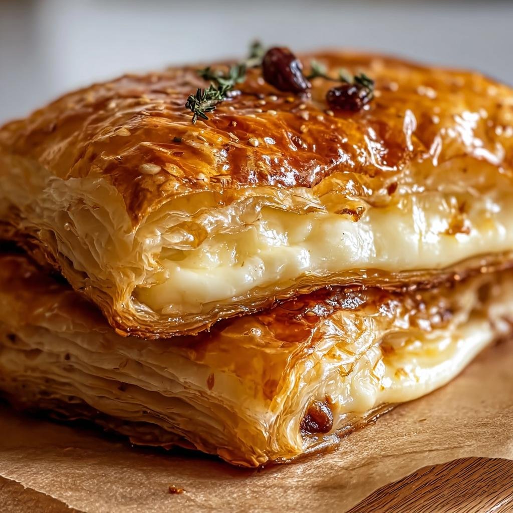 Close-up of golden Baked Brie in Puff Pastry, garnished with herbs and sesame seeds. Flaky and delicious!