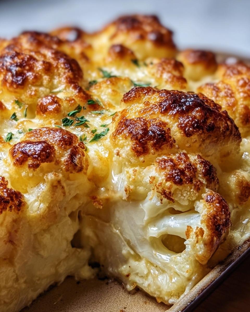 Close-up of Baked Cheddar Cauliflower with a golden-brown, cheesy topping and parsley garnish.