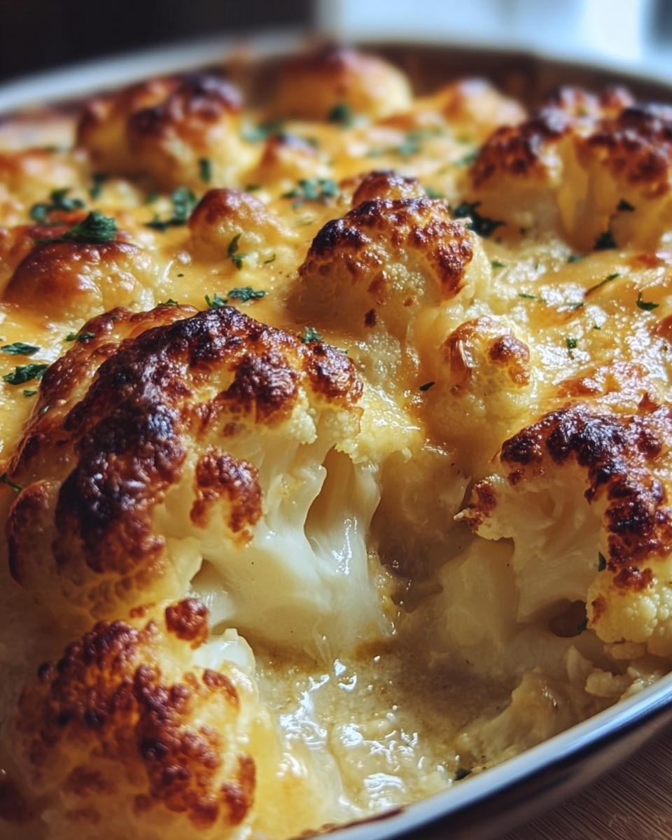 A close-up of golden brown Baked Cheddar Cauliflower, topped with melted cheese and herbs.