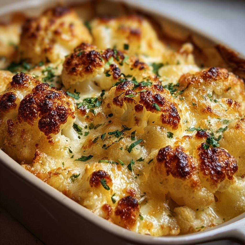 Close-up of Baked Cheddar Cauliflower in a baking dish, topped with melted cheese and fresh parsley.