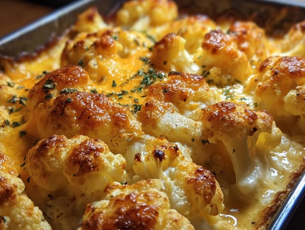 Close-up of Baked Cheddar Cauliflower in a baking pan, featuring melted cheese and herbs.