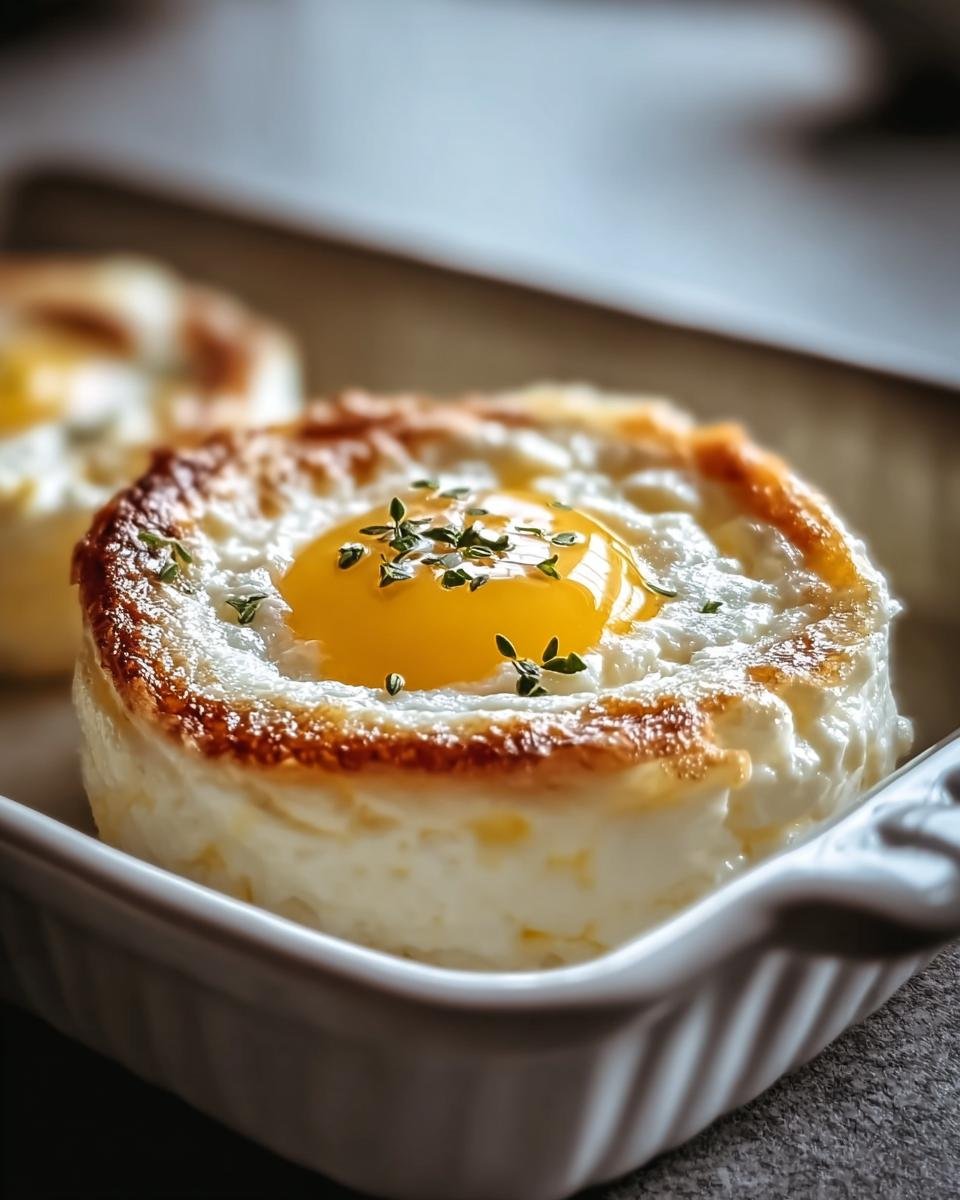 Close-up of Baked Cottage Cheese Eggs in a white baking dish, garnished with herbs.