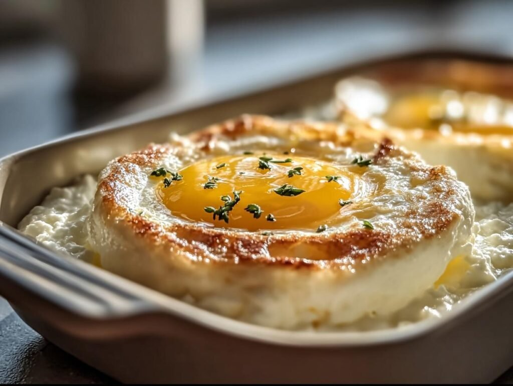 A close-up of Baked Cottage Cheese Eggs in a baking dish, garnished with herbs.