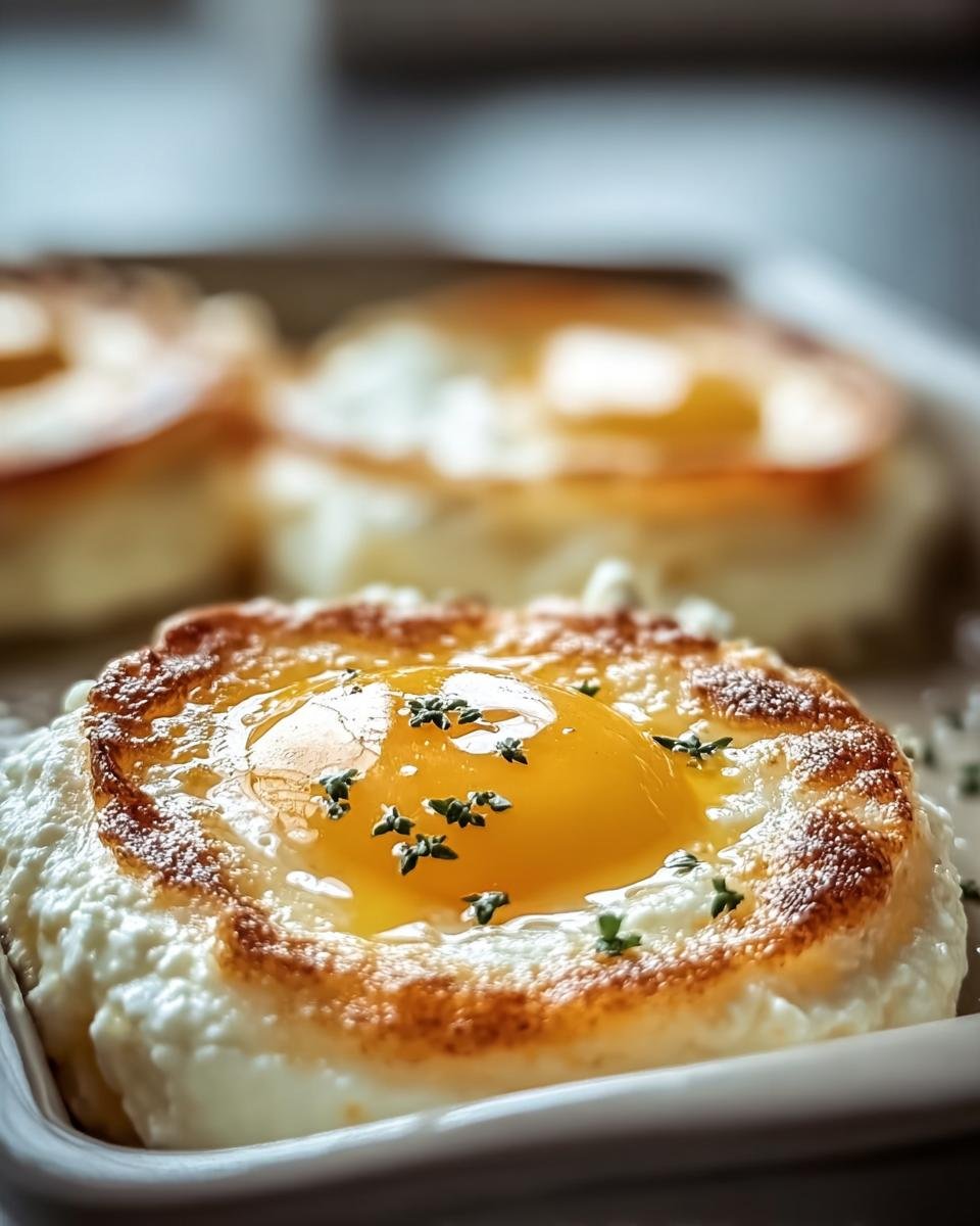 Close-up of Baked Cottage Cheese Eggs, showing a golden yolk nestled in a fluffy cottage cheese nest, garnished with herbs.