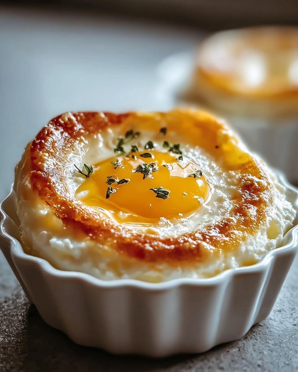 Close-up of Baked Cottage Cheese Eggs in a white ramekin, garnished with herbs.