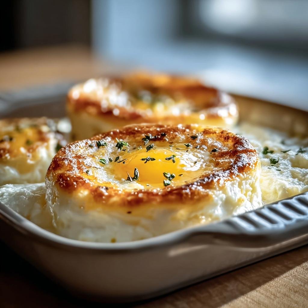 Close-up of Baked Cottage Cheese Eggs in a baking dish, garnished with herbs.