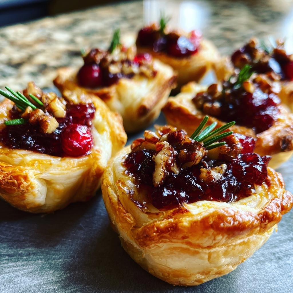 Close-up of Baked Cranberry Brie Bites, topped with walnuts and a sprig of rosemary.