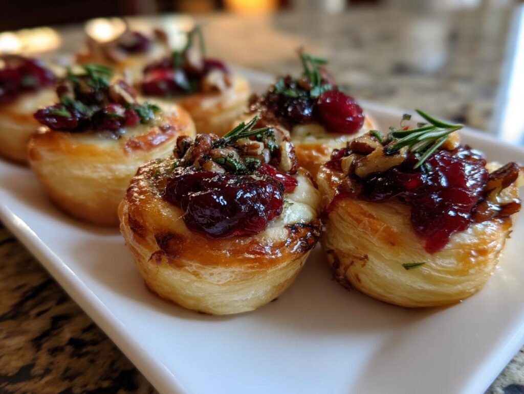 Close-up of Baked Cranberry Brie Bites on a white plate, garnished with rosemary and nuts.
