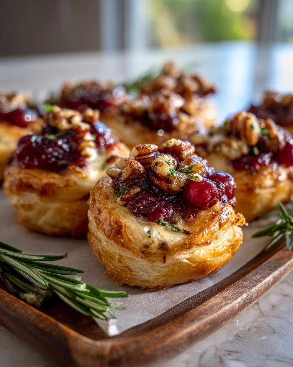 Close-up of Baked Cranberry Brie Bites on a wooden tray, topped with cranberries and nuts.