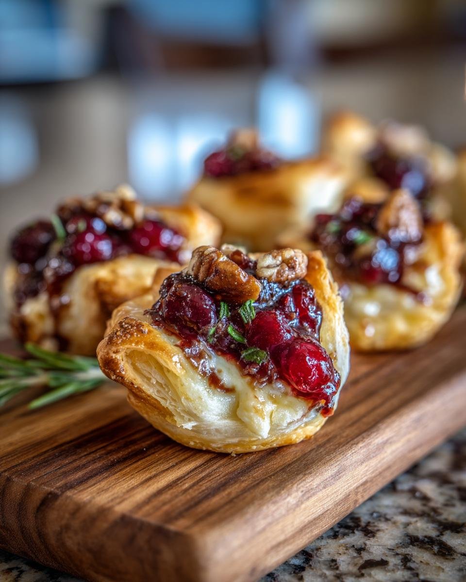 Close-up of Baked Cranberry Brie Bites on a wooden board, topped with cranberries and pecans.