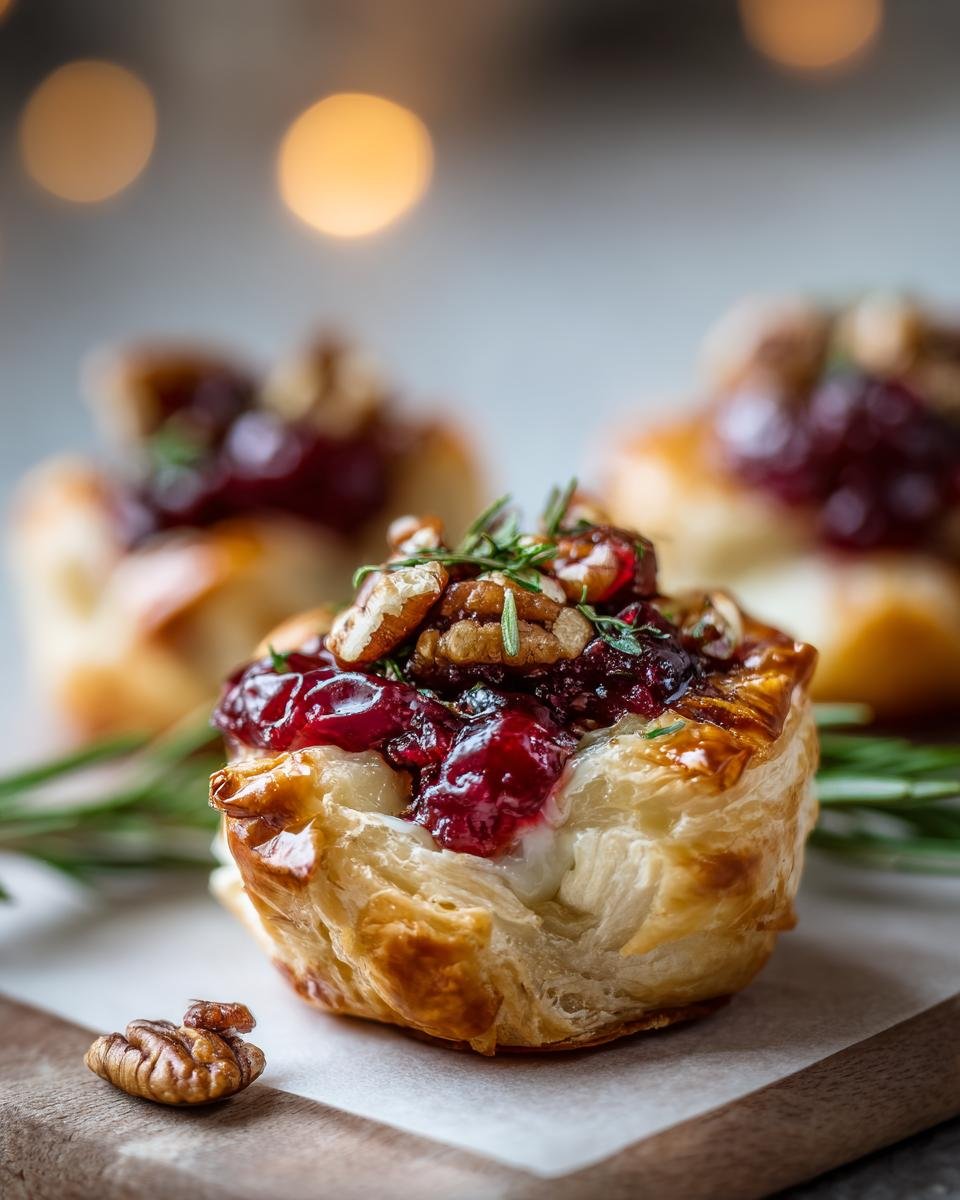 Close-up of Baked Cranberry Brie Bites topped with pecans and rosemary, showcasing flaky pastry.