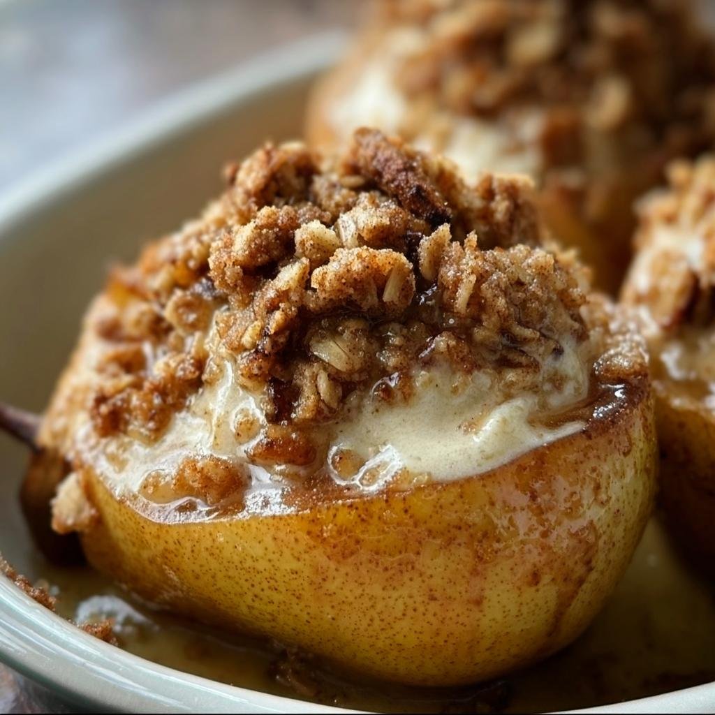 Close-up of baked pears with oat crumble topping, showing the soft pear and golden-brown oat mixture.