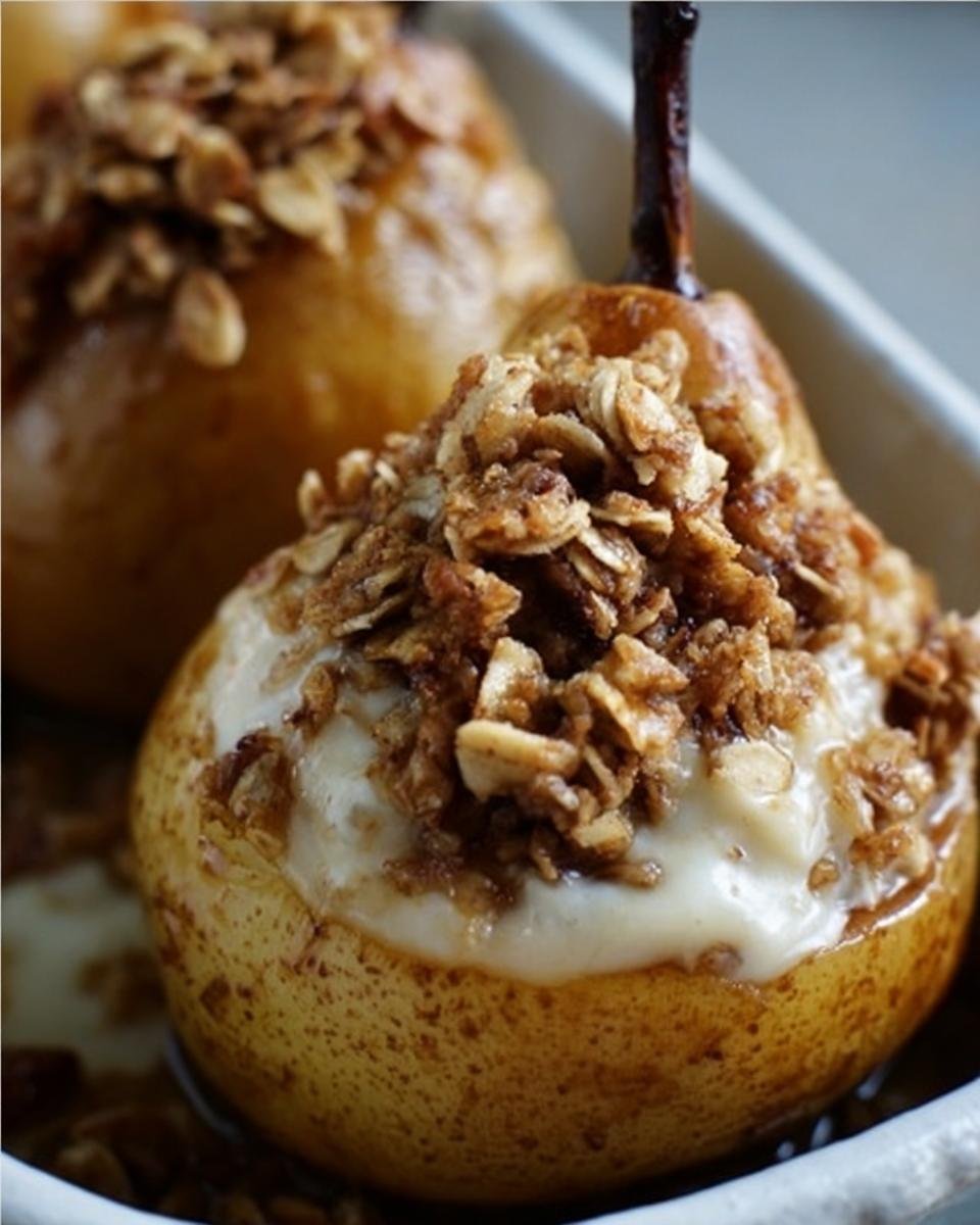 Close-up of Baked Pears With Oat topping, showcasing the creamy filling and golden-brown oat crumble.
