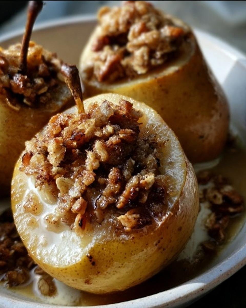 Close-up of Baked Pears With Oat filling, showcasing the golden-brown topping and juicy pear.