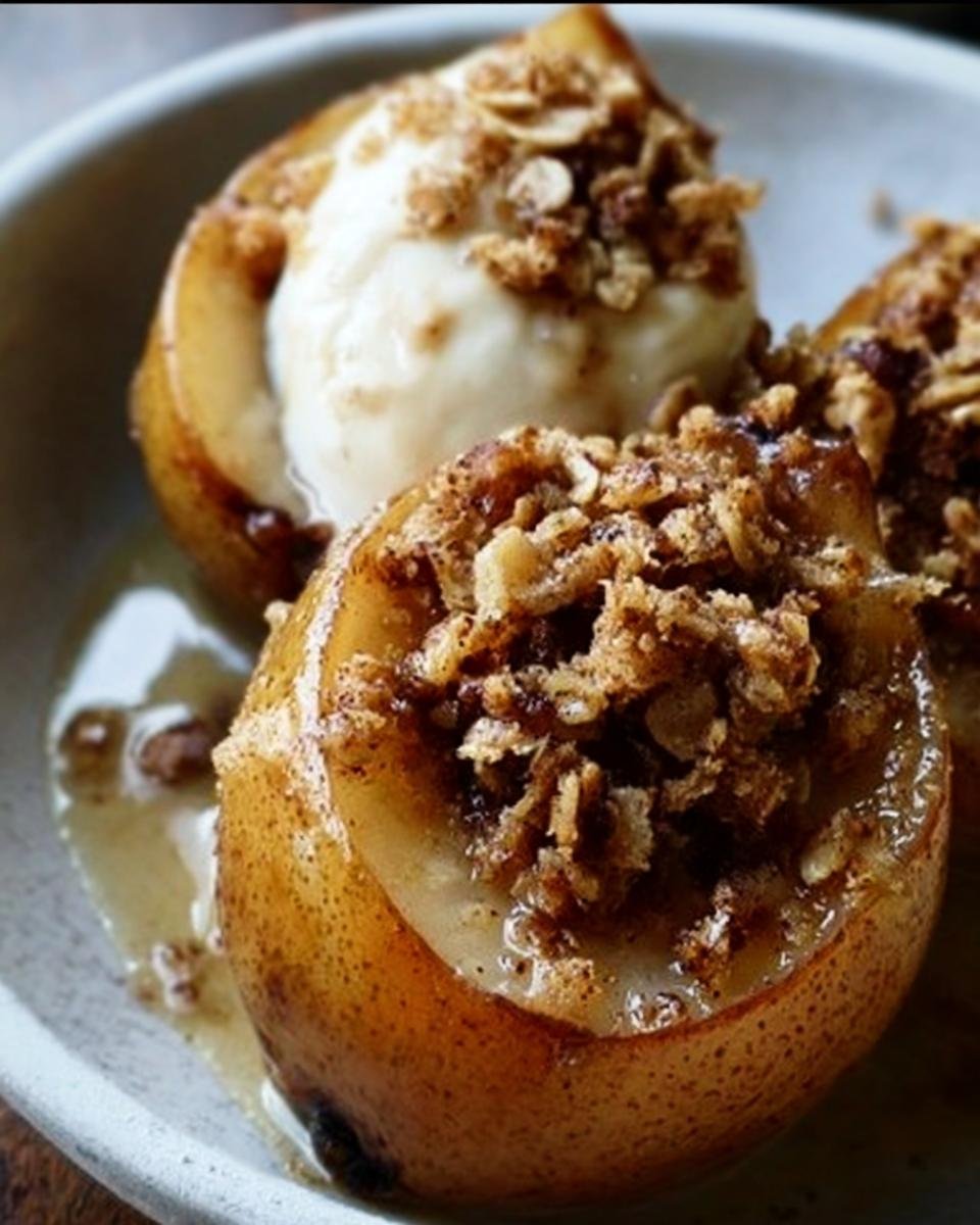 Close-up of Baked Pears With Oat topping and a scoop of ice cream on a plate.