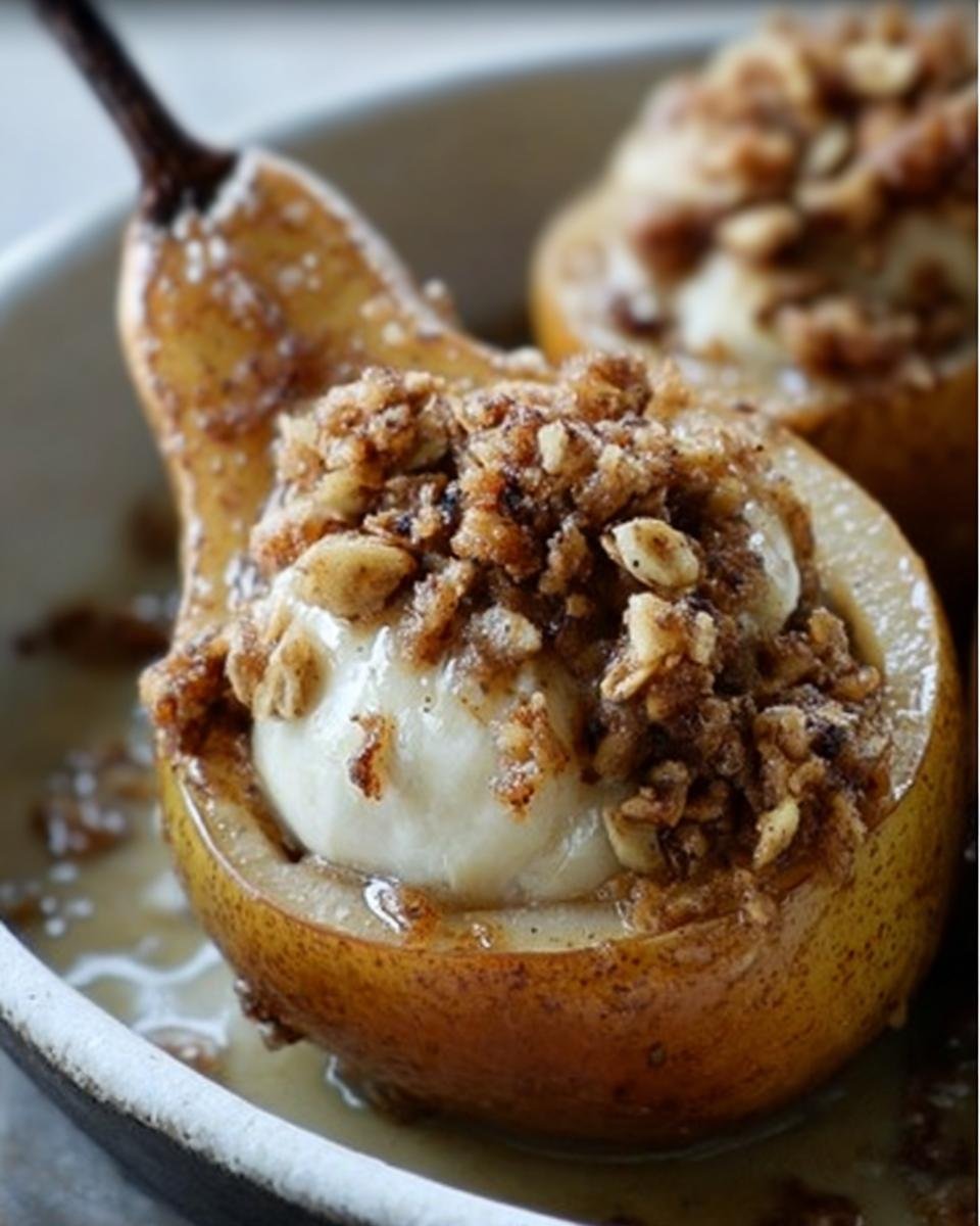 Close-up of Baked Pears With Oat topping, filled with a creamy center, served in a bowl.