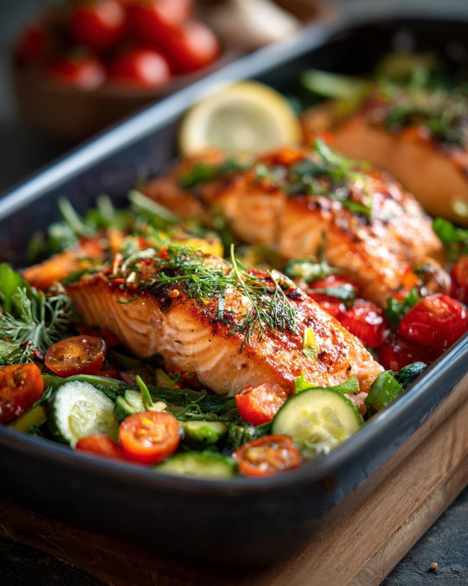 Baked salmon fillets with tomatoes, cucumber, and herbs, perfect for Salmon Bowls.