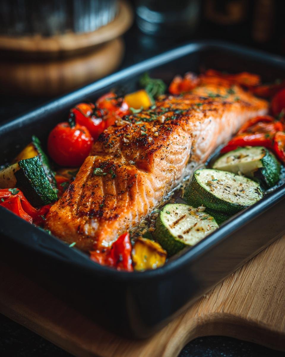 Baked salmon with zucchini, tomatoes, and peppers in a baking dish, ready for Salmon Bowls.