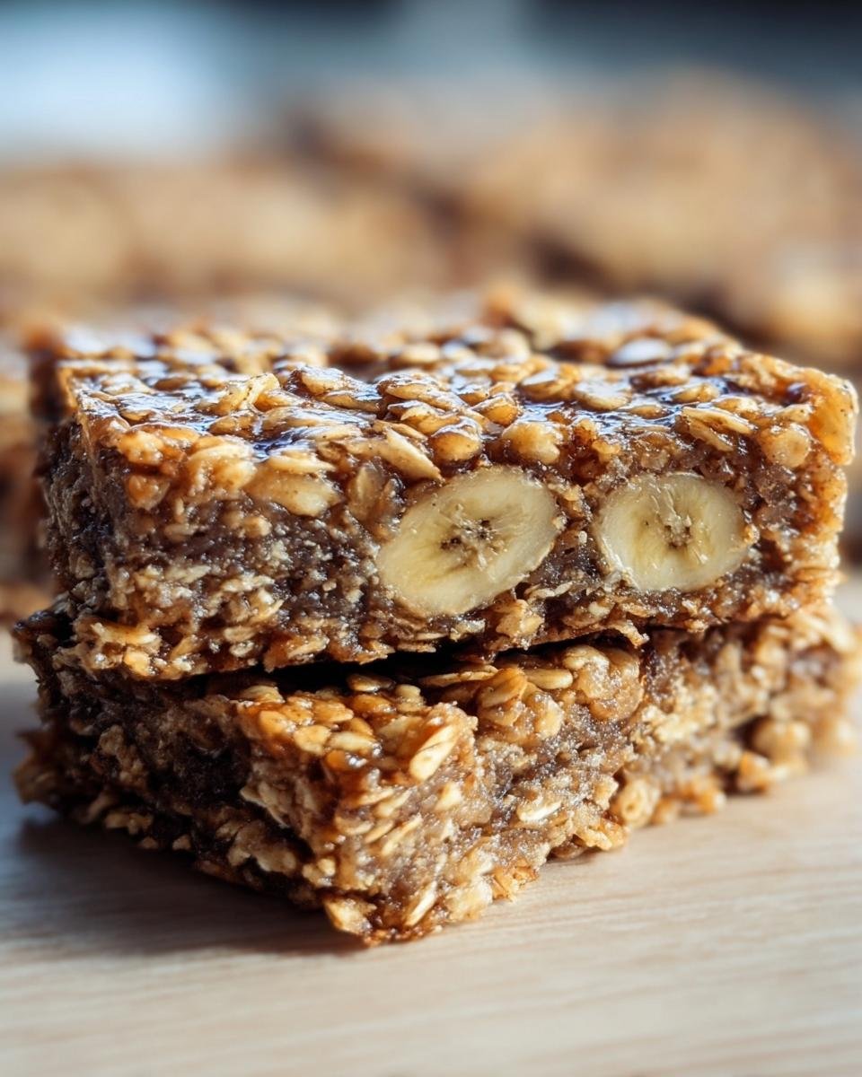 Close-up of stacked Energizing Banana Oatmeal Bars showing banana slices and oat texture.
