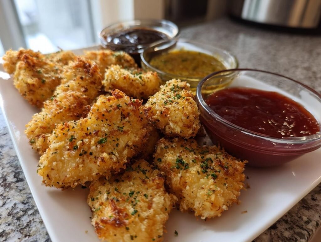 Crispy Bat-Shaped Chicken Nuggets served with ketchup, mustard, and BBQ dipping sauces.