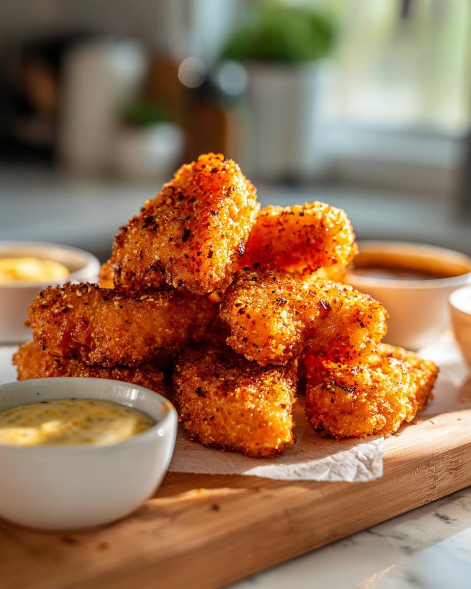A stack of golden brown Bat-Shaped Chicken Nuggets served with dipping sauces on a wooden board.