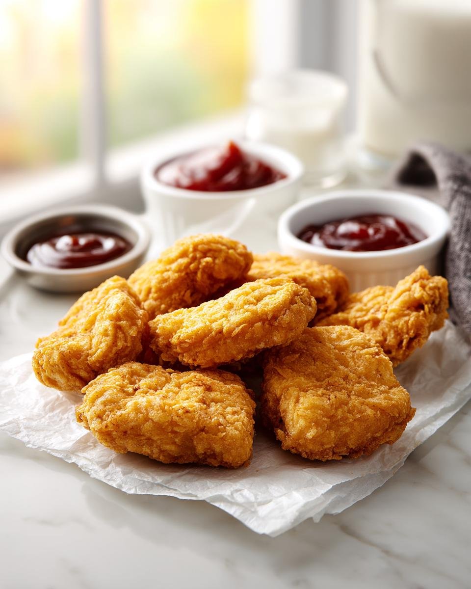 A pile of golden brown Bat-Shaped Chicken Nuggets served with dipping sauces and milk.