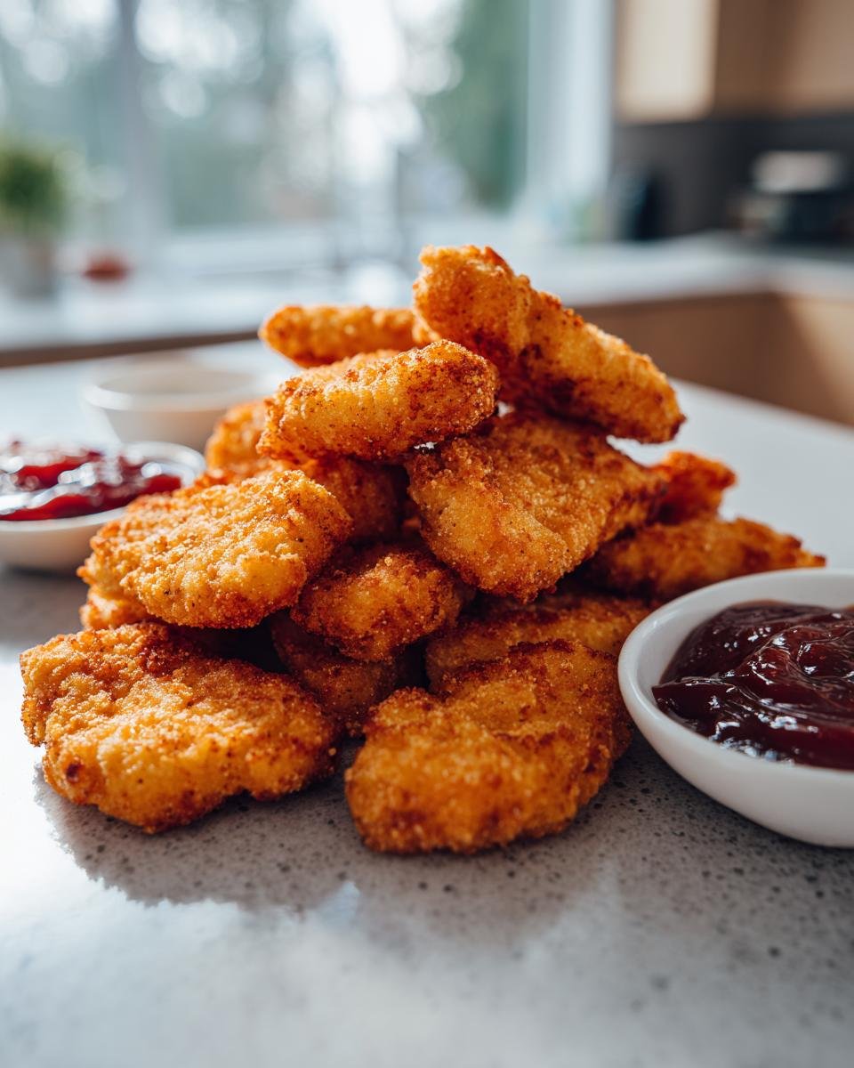 A stack of golden brown Bat-Shaped Chicken Nuggets served with ketchup and another dipping sauce.
