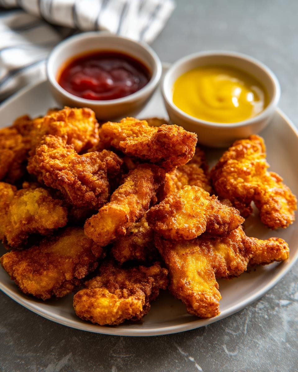 A plate of golden brown Bat-Shaped Chicken Nuggets served with ketchup and mustard for dipping.