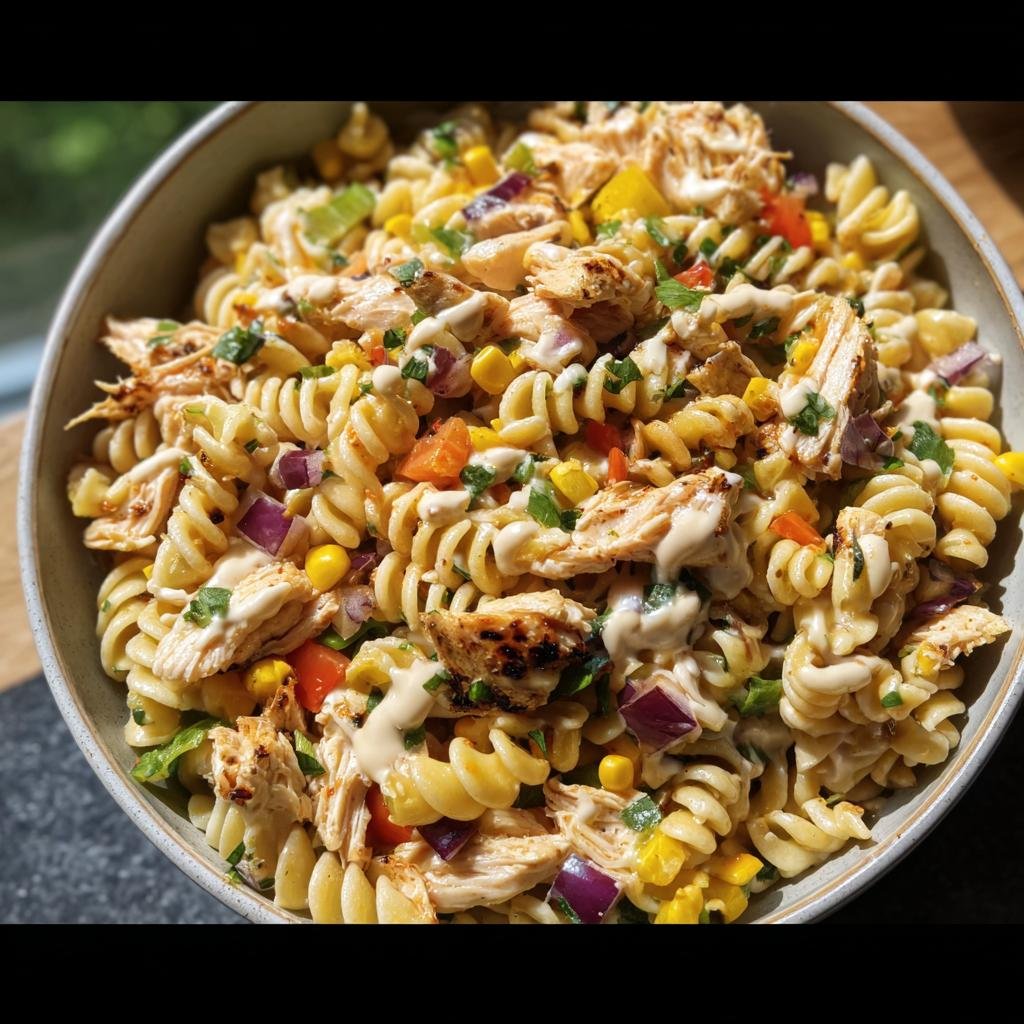A bowl of BBQ Chicken Pasta Salad with grilled chicken, pasta, corn, and red onion.