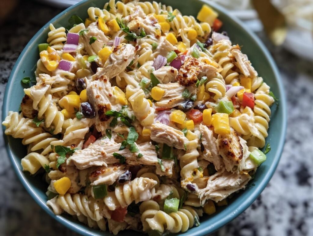 A vibrant bowl of BBQ Chicken Pasta Salad with rotini pasta, grilled chicken, corn, and colorful vegetables.