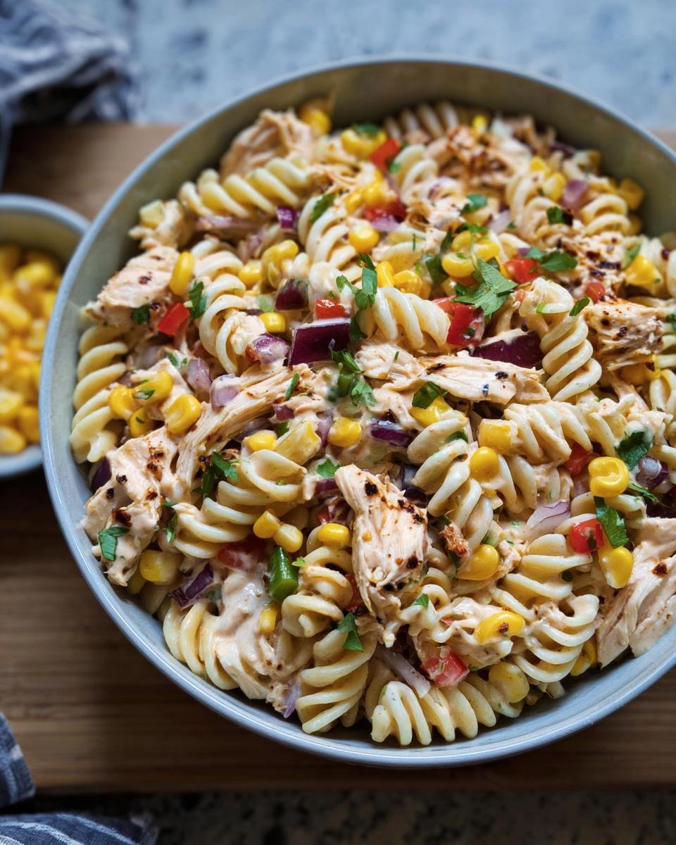 A vibrant bowl of BBQ Chicken Pasta Salad with rotini pasta, corn, red onion, and herbs.