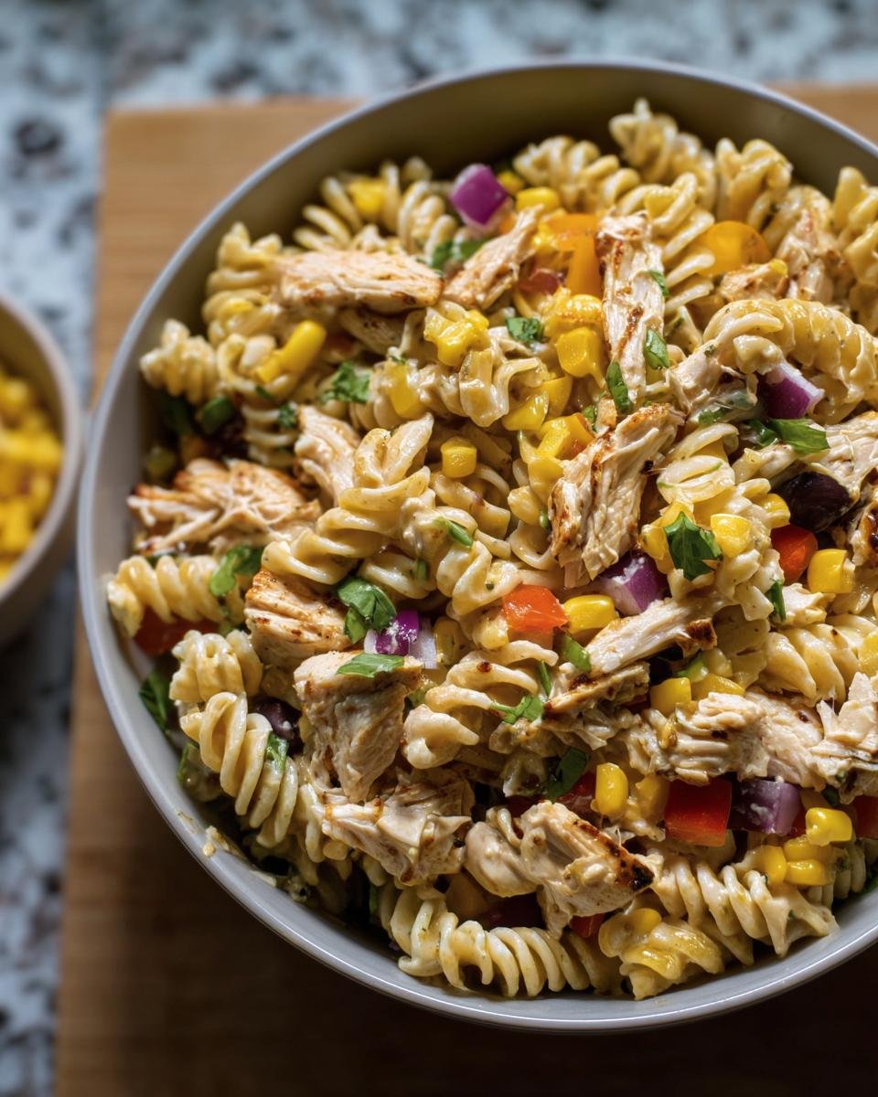 Overhead shot of a bowl filled with BBQ Chicken Pasta Salad, featuring pasta, chicken, corn, and colorful vegetables.