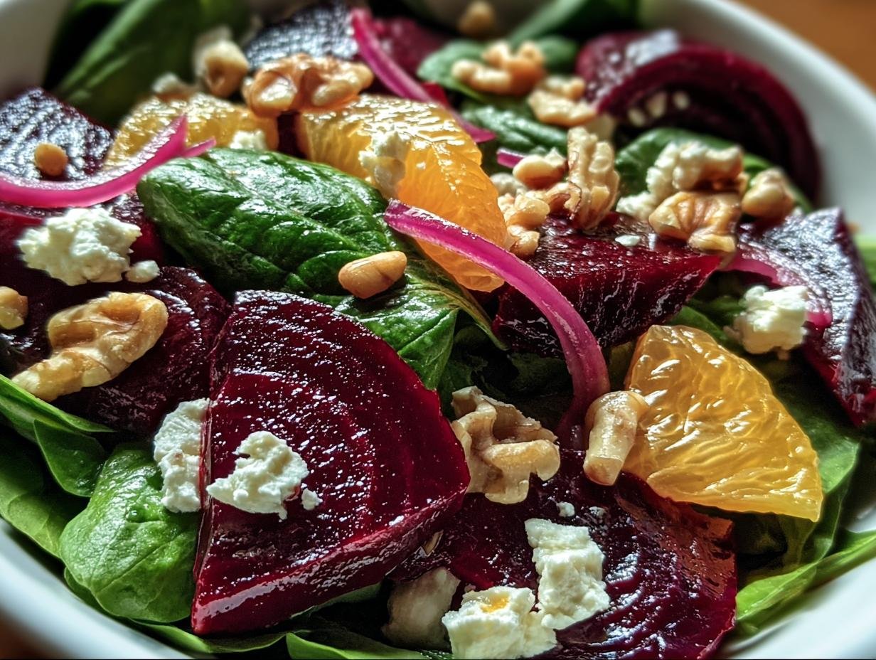 Close-up of a vibrant Beet Salad with Spinach, goat cheese, oranges, red onions, and walnuts.