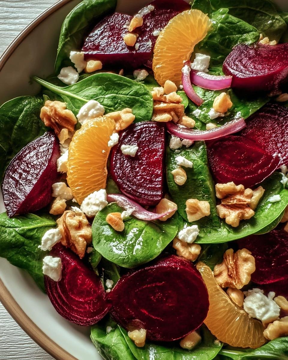 Overhead view of a vibrant Beet Salad with Spinach, orange segments, walnuts, red onion, and feta cheese.