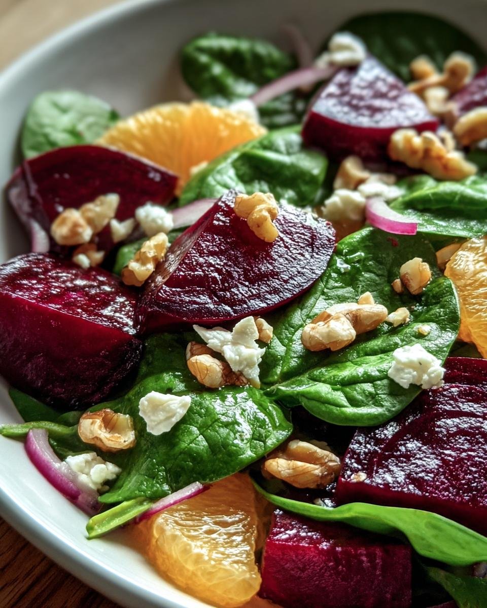 Close-up of Beet Salad with Spinach, featuring beets, spinach, orange segments, red onion, walnuts, and cheese.