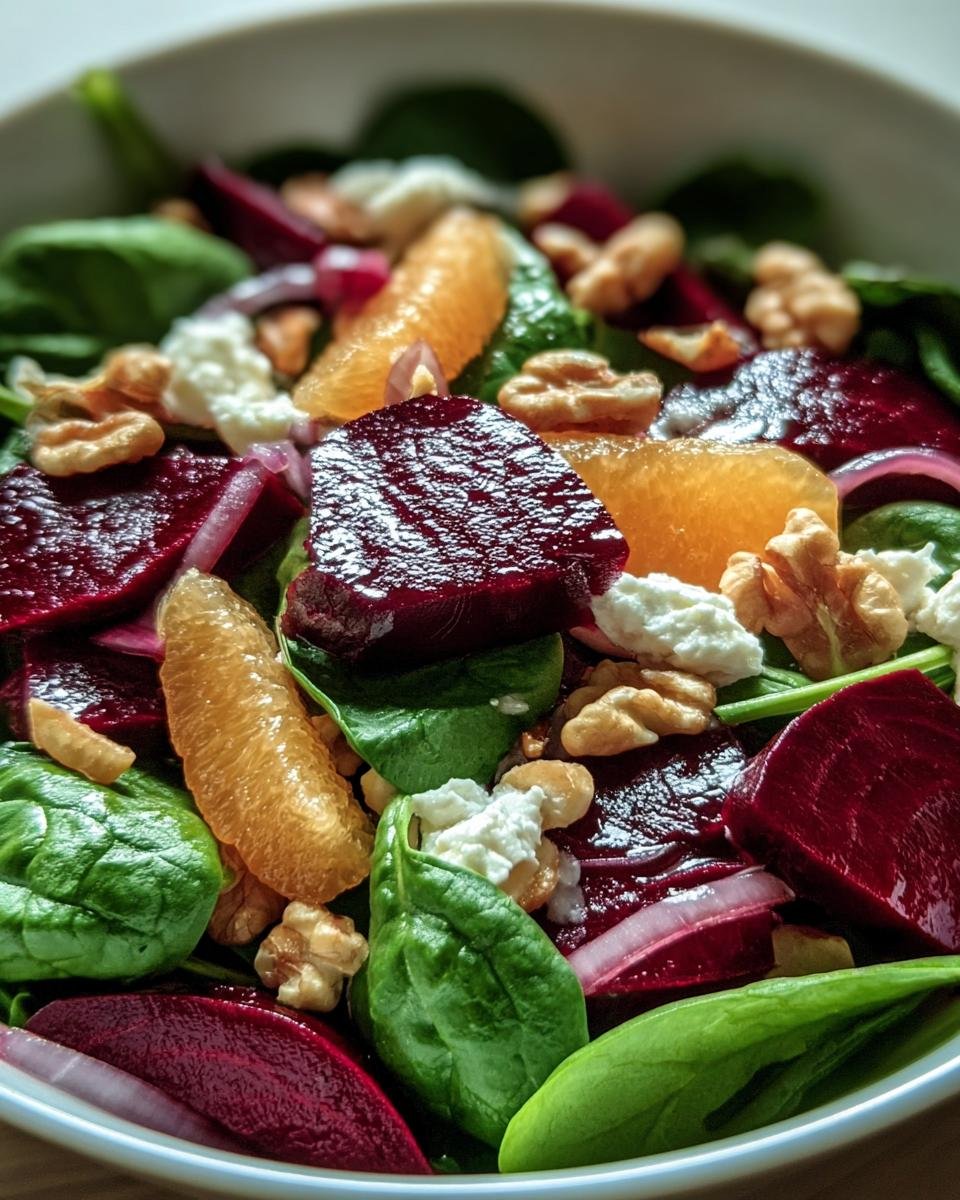 Close-up of a vibrant Beet Salad with Spinach, featuring beets, oranges, walnuts, and goat cheese.