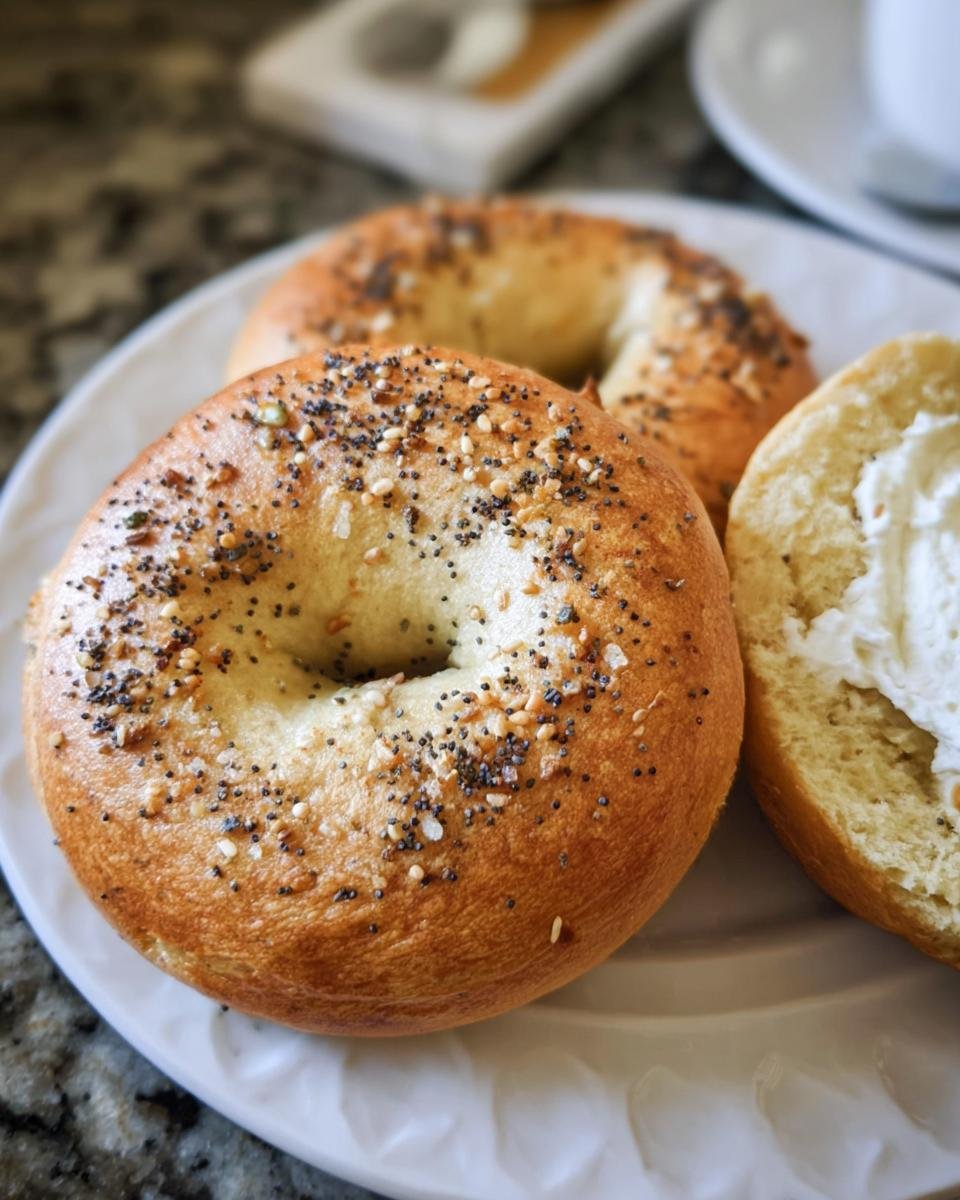 Two everything best keto bagels on a white plate, one sliced and spread with cream cheese.