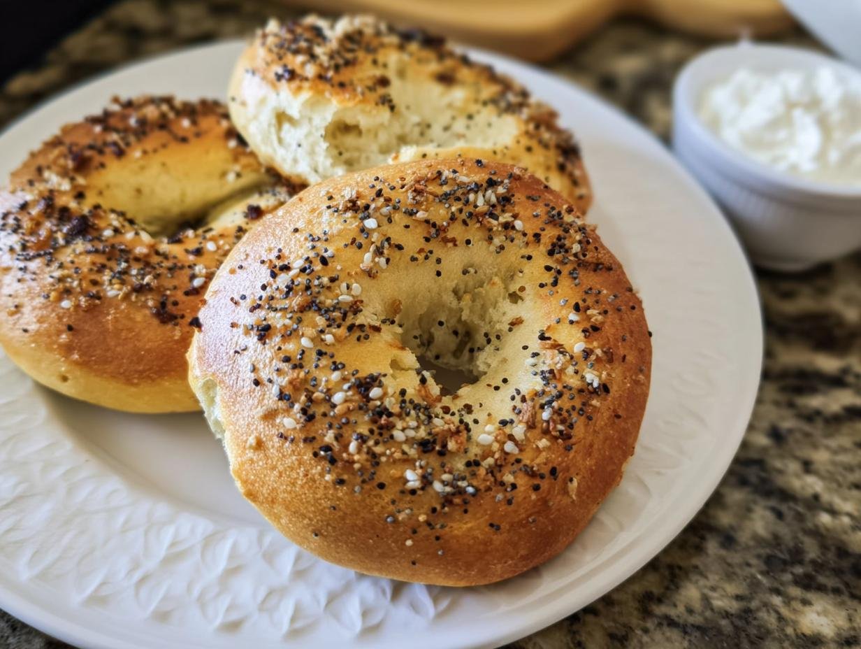 A plate of Best Keto Bagels topped with everything seasoning, next to a bowl of cream cheese.