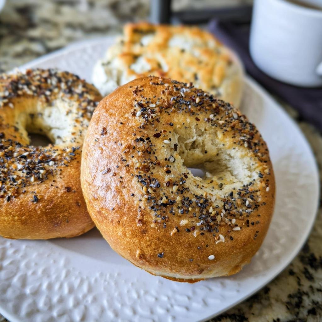 Three Best Keto Bagels, one everything bagel in focus, on a white plate with a coffee mug in the background.