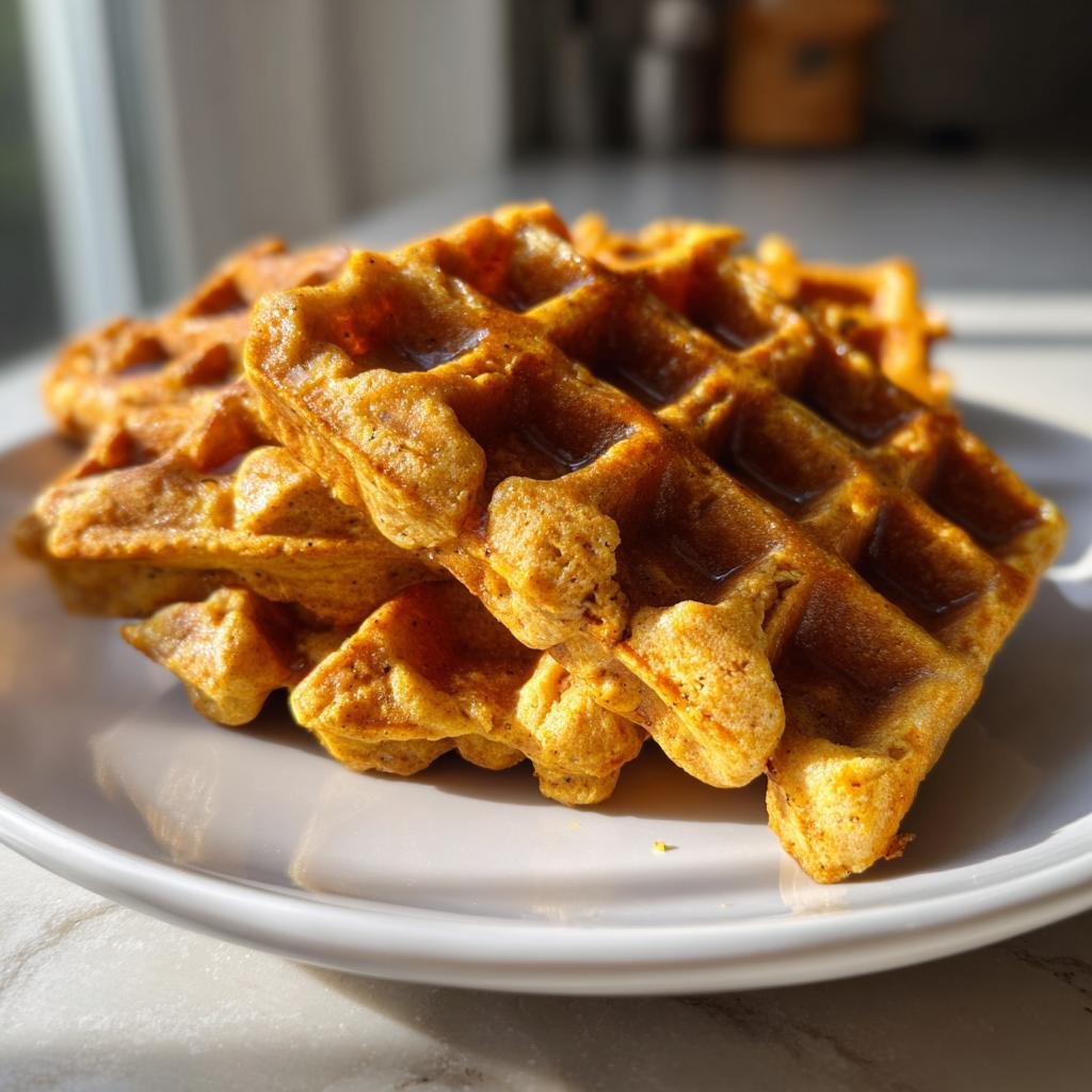 A stack of golden Blender Pumpkin Waffles on a white plate, ready to eat.