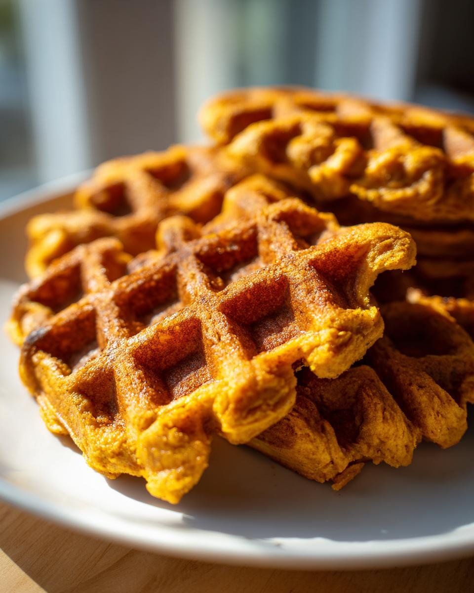 A stack of golden brown Blender Pumpkin Waffles on a white plate, ready to be enjoyed.