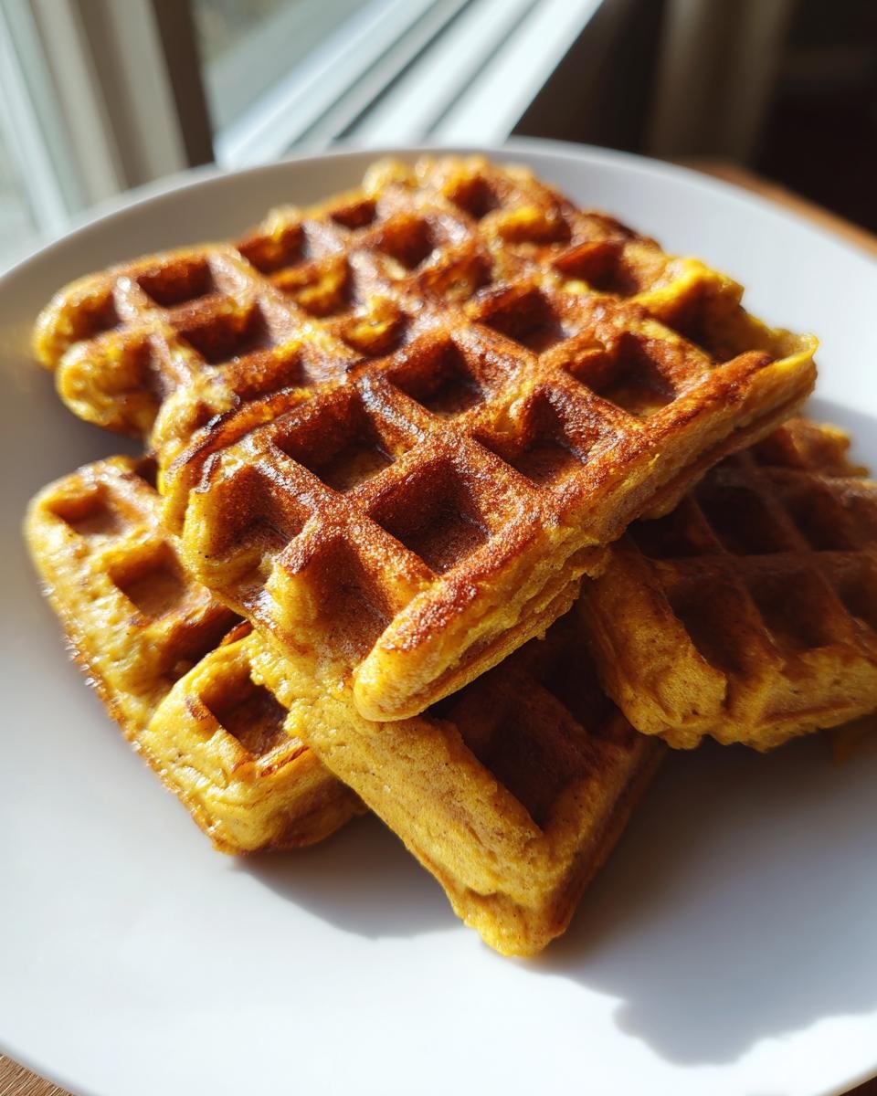 A stack of golden brown Blender Pumpkin Waffles on a white plate, ready to eat.