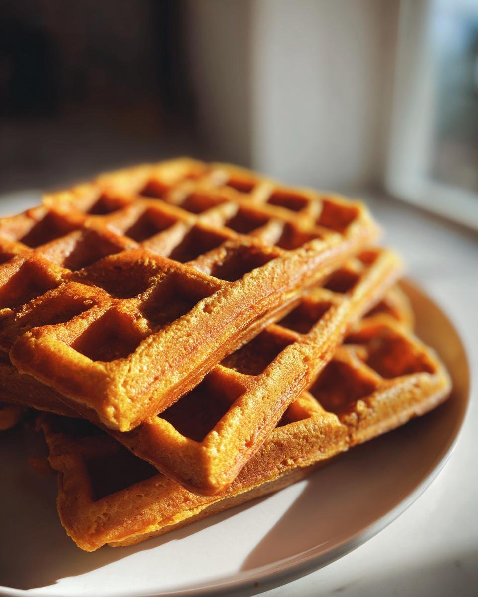 A stack of golden Blender Pumpkin Waffles on a white plate, ready to be enjoyed.