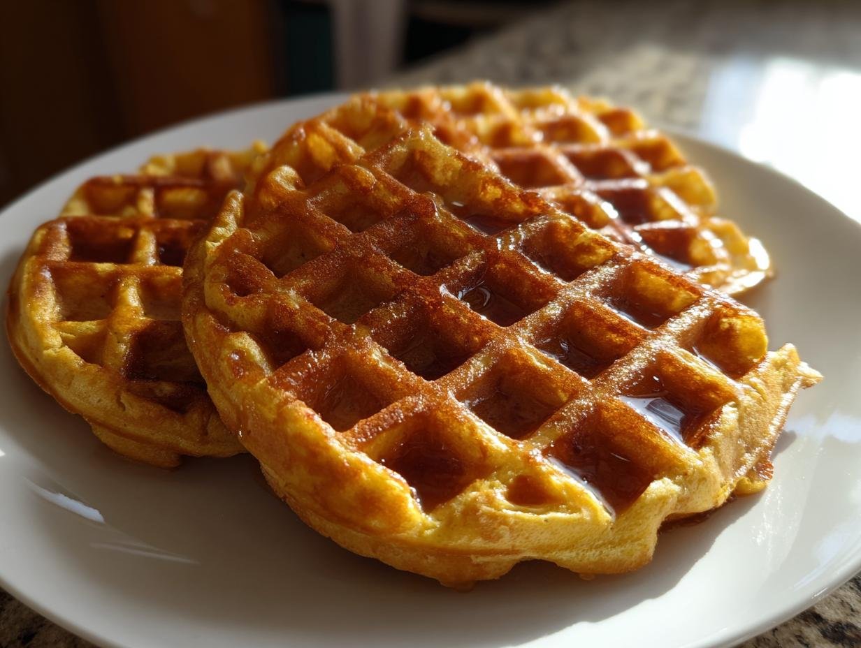 A stack of golden Blender Pumpkin Waffles drizzled with syrup on a white plate.