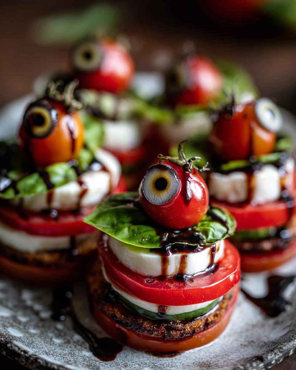 Close-up of Bloody Eyeball Caprese appetizers with tomatoes, mozzarella, basil, balsamic glaze, and olive 'eyeballs'.