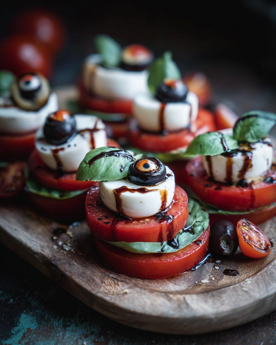 Close-up of Bloody Eyeball Caprese appetizers: tomato, mozzarella, basil, olive, and balsamic glaze.
