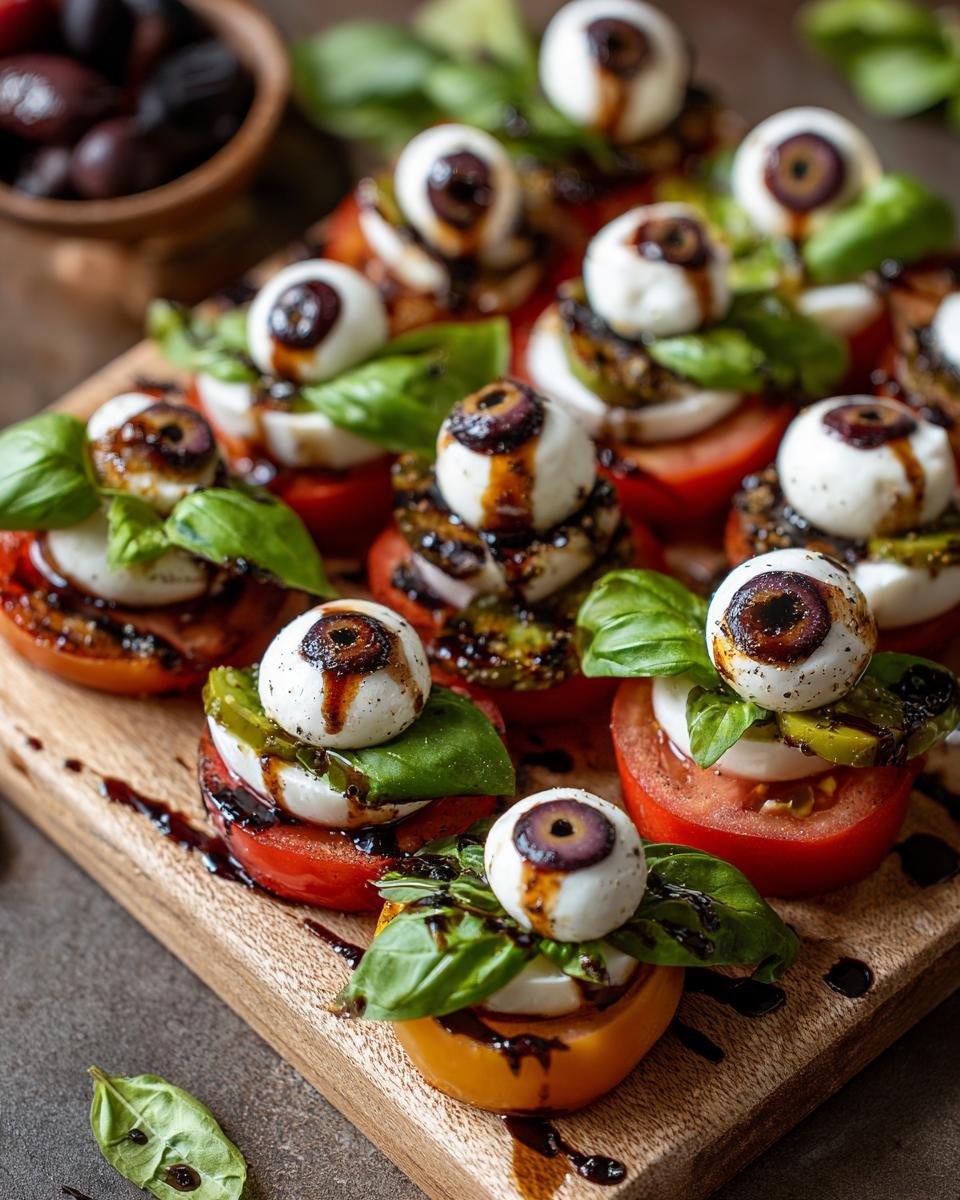 Festive Bloody Eyeball Caprese appetizers on a wooden board, featuring tomatoes, mozzarella, basil, and balsamic glaze.